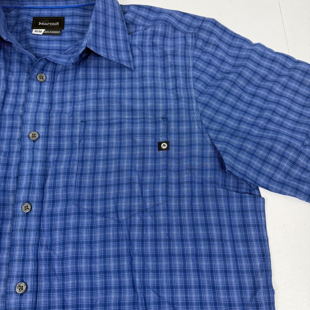 Marmot Mens Blue Plaid Short Sleeve Button Down Hiking Shirt Medium M - Picture 8 of 9